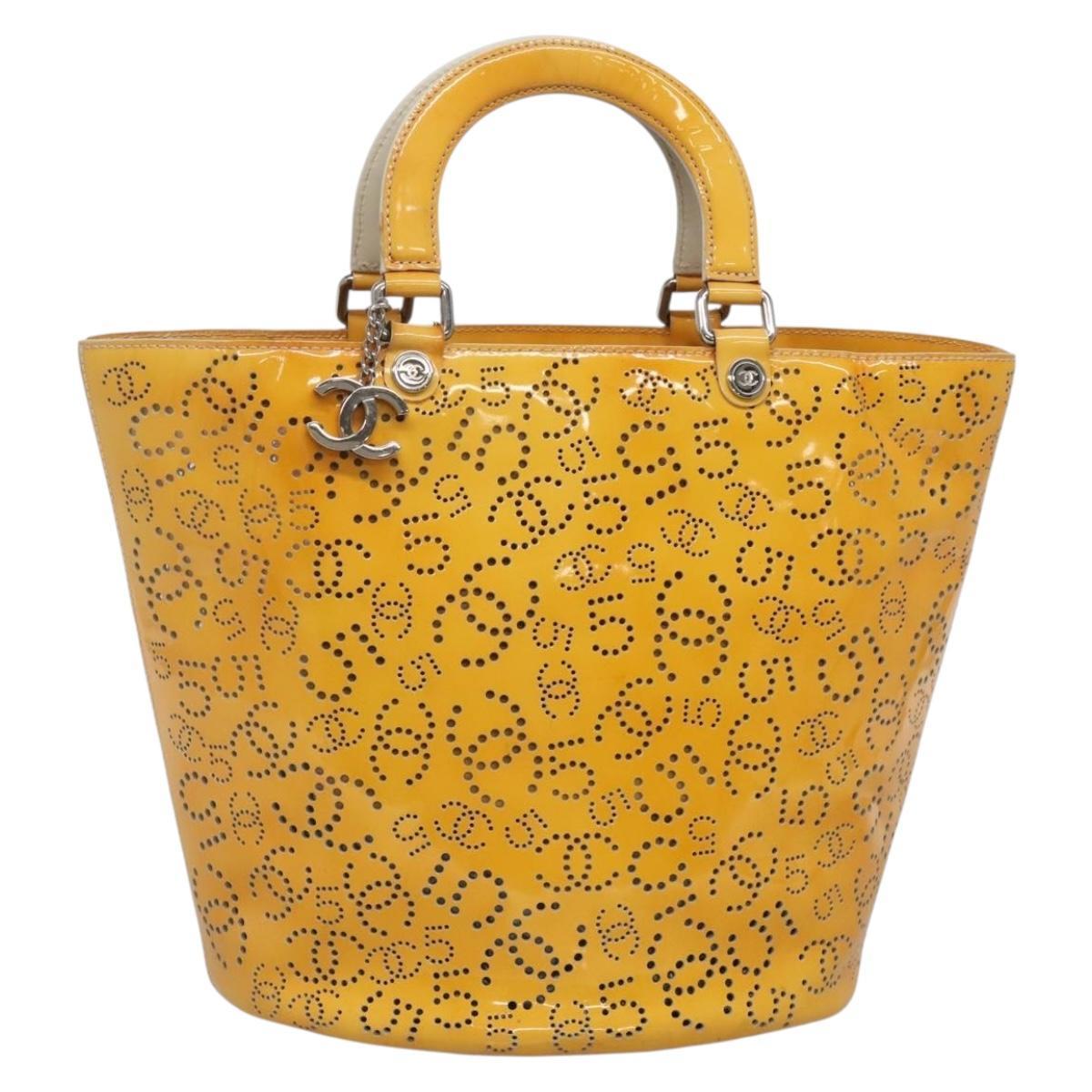 Chanel Punching Tote Bag Patent Leather Yellow Silver Cc Auth 137464